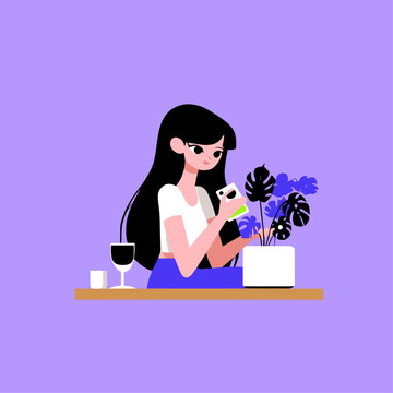 Woman Checking Smart Plant Pot Sensor with Green LED Indicator