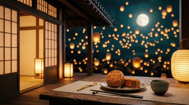 Mid autumn festival celebration mooncakes and lanterns in traditional japanese setting