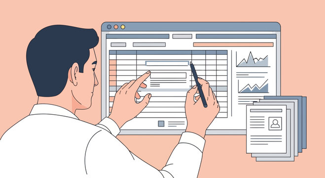 Man analyzes spreadsheet data on computer screen, planning and data analysis concept.
