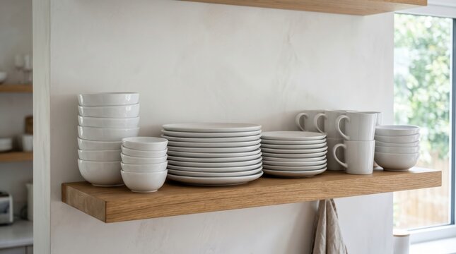 Stacked white dishes and mugs arranged on floating wooden shelf near window in contemporary kitchen shelving display