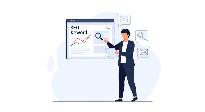 Man analyzing seo keywords and website analytic graph with magnifying glass
