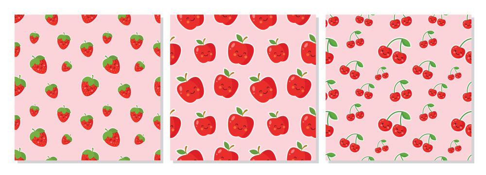 A cute seamless pattern collection featuring colorful Cute Berry apple and Cherry Seamless fruit illustrations on soft pastel backgrounds. Perfect for summer designs, textile prints, wrapping paper, p