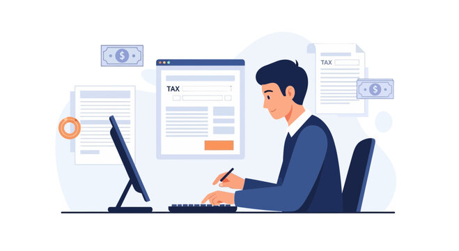 Man doing taxes online with computer and calculator, business finance concept