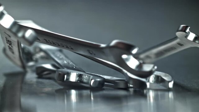 Closeup chrome wrenches stacked on reflective surface, mechanic Filmed on a high-speed camera at 1000 fps.