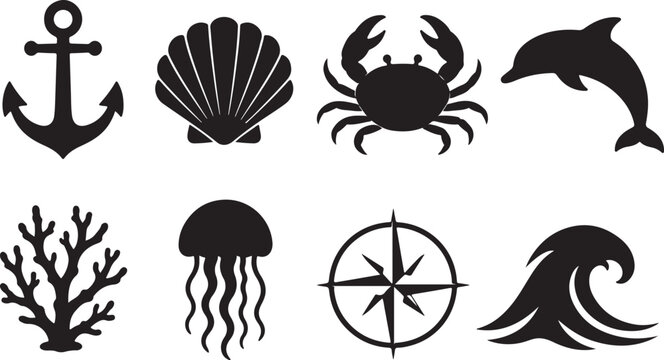 Black and white silhouette vector icons of nautical and marine elements
