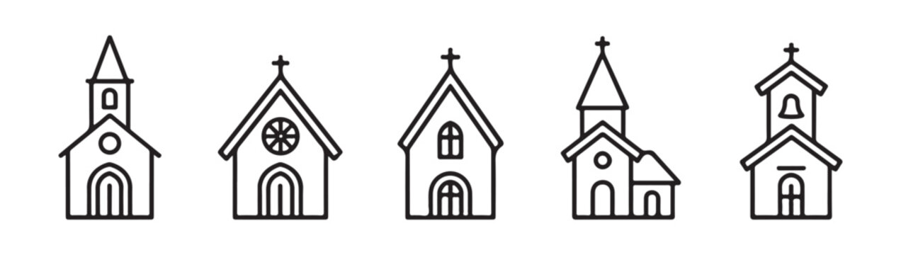 Religious church icons collection featuring diverse architectural styles and cross symbols.