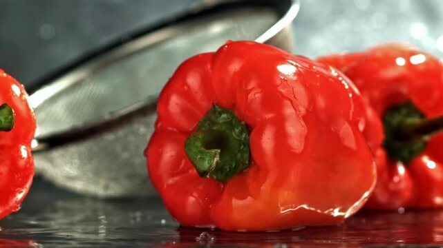 Closeup pepper stem with water, intense macro focus on texture Filmed on a high-speed camera at 1000 fps.