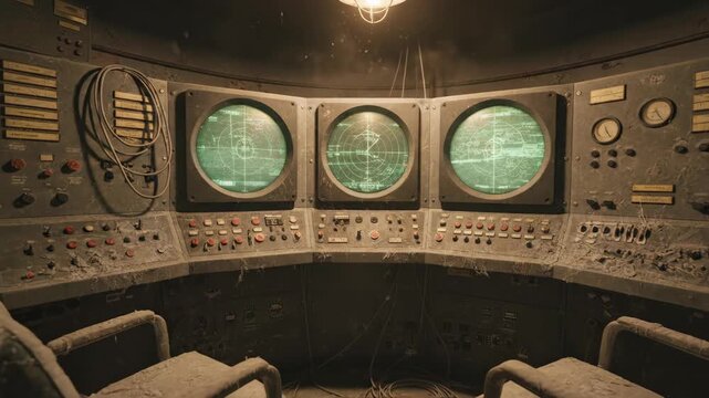 Abandoned bunker control room with glowing radar displays. Rusty military command center with vintage electronic equipment. Dark derelict post-apocalyptic base.