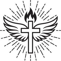 Obraz premium Christian cross with wings and holy fire flame vector icon. Religious symbol of faith spirituality and the holy spirit. Minimalist black line art illustration. Church logo design element. Holy cross 