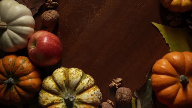 Autumn kitchen preparing ingredients. Rustic cooking ambiance with seasonal produce. Inviting kitchen arrangement with autumn harvest essentials ready for seasonal cooking or photography