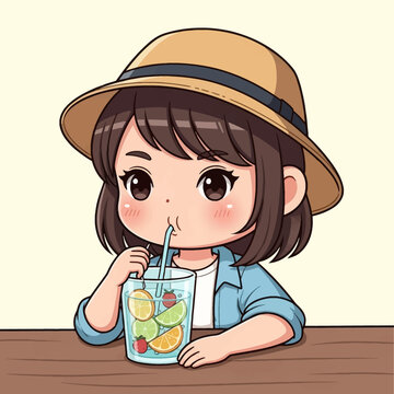 Chibi anime girl with brown hair wearing a tan sun hat and blue shirt, drinking a refreshing infused water beverage with citrus slices and strawberries through a straw illustration.