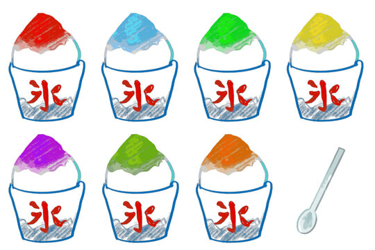 さまざまなシロップのかき氷セットの手描き風イラスト / Hand-drawn set of shaved ice desserts with assorted syrup flavors