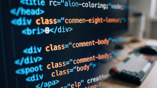 Close-up of a computer monitor displaying HTML code with colorful syntax highlighting on a dark interface, with a blurred mechanical keyboard on a wooden desk in the background