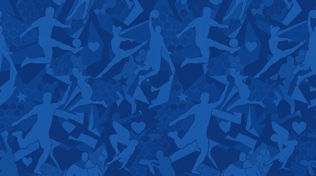 Seamless pattern with silhouettes of athletes playing soccer and basketball on blue background