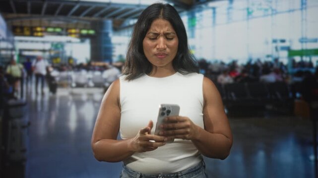 Woman holding smartphone and frowning while checking messages with finger near lips in busy airport terminal; frustration.