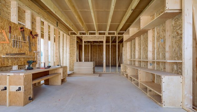 Interior View of a Modern Carpentry Workshop Under Construction with a Large Wooden Workbench, Hand Tools, and Custom Built-in Plywood Shelving