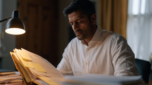 Pakistani accountant organizing a thick folder of USCIS priority date notices chronologically at a wooden desk, reading lamp casting warm glow, sticky notes on calendar pages showing years elapsed, 
