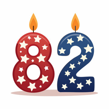 Number 82 Birthday Candles with Stars and Flames