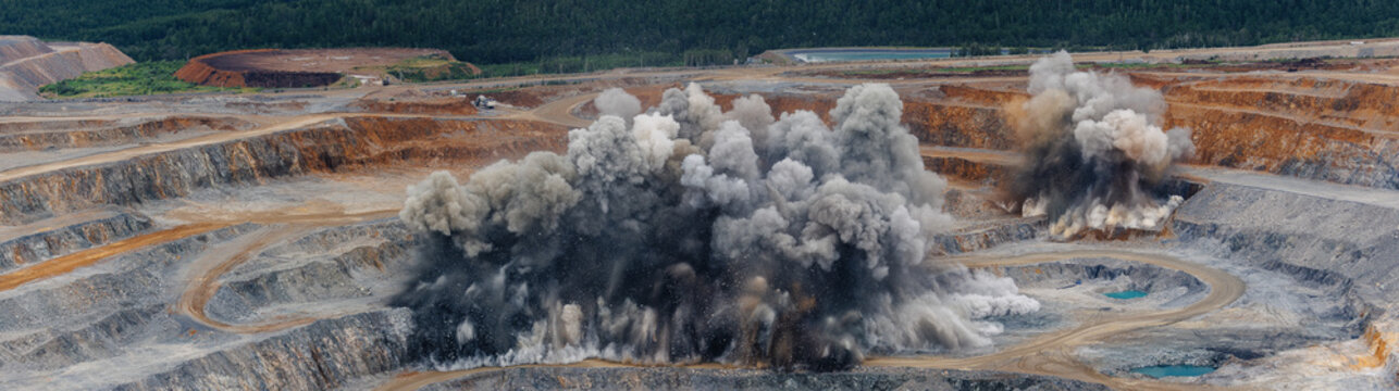Aerial view panorama Explosive demolition in large open pit mine landscape aerial view
