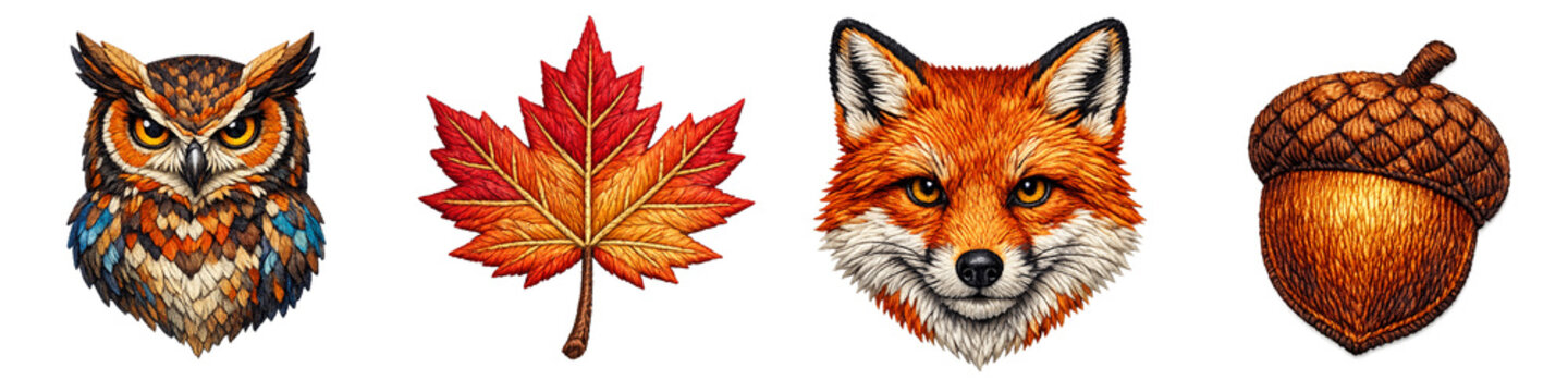 Embroidered patch illustration set of autumn forest elements with owl maple leaf fox and acorn isolated