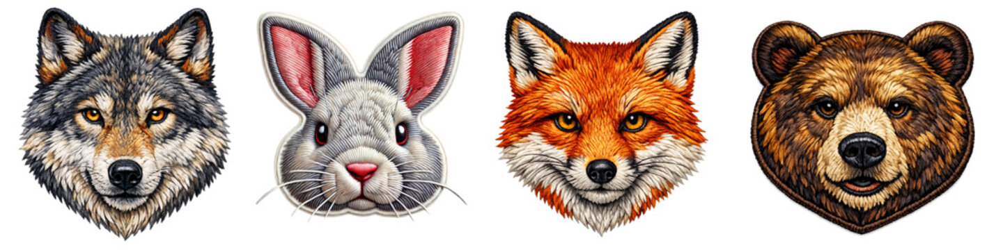 Embroidered patch illustration set of wild animal heads with wolf rabbit fox and bear isolated