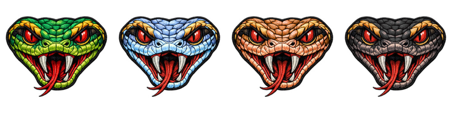 Embroidered patch illustration set of four snake heads in green blue orange and black color variations isolated
