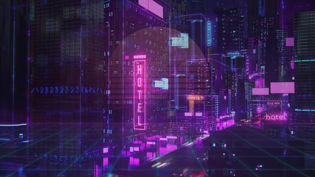 Looping Futuristic neon cyberpunk city view overlayed with glowing circular scanner and digital matrix hud interface wireframe.