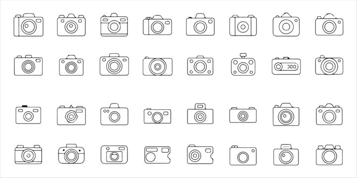 Photography equipment line icons set of professional dslr and compact mirrorless cameras.