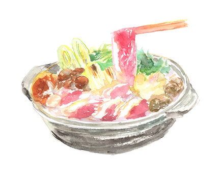 Duck meat held with chopsticks and duck hot pot watercolor illustration transparent background