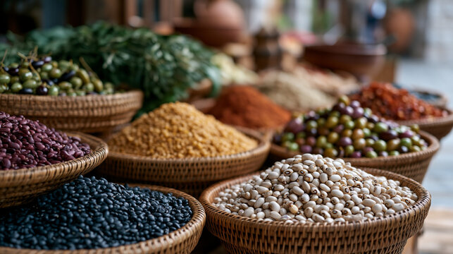 Vibrant colorful farmers market stall overflowing with legumes, leafy greens, and olive varieties arranged in woven baskets, blue zone diet staples on display, summer outdoor market setting, longevi