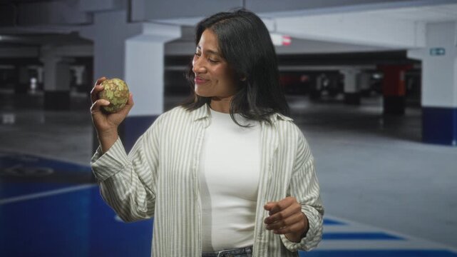 Woman holding custard apple and smiling while inspecting the fruit in a parking building with concrete pillars and marked bays; contentment curiosity.
