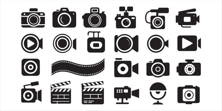 Video production silhouette icons featuring cinema cameras film strips and clapperboards.