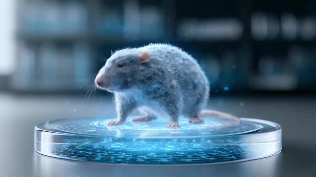 A Futuristic Representation of a Gray Rat Encased in a Glowing Energy Field, Showcasing the Intersection of Science and Nature in a High-Tech Environment
