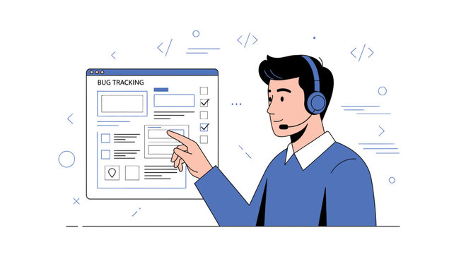 Man with headset points to bug tracking software interface
