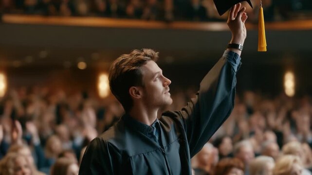 A Proud Graduate Celebrating Achievement on Graduation Day, Throwing His Cap in the Air Amidst a Cheering Crowd, Signifying a Joyful Conclusion to Academic Journey.