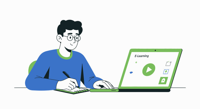 Student studying online with laptop and notebook, man taking notes for e-learning