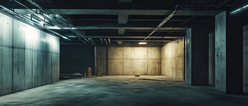 Open basement space with concrete walls and minimal lighting in a deserted urban area during evening hours