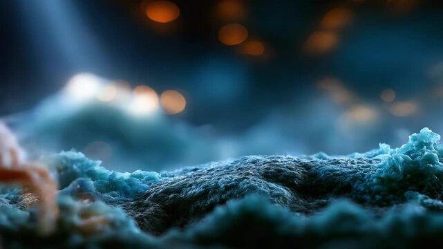 Intricate Close-Up of a Mite Crawling over Textured Surface, Illuminated by Soft Blue Light, Capturing the Detail of Its Unique Structure and Environment