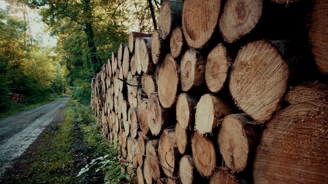 A large pile of cut timber logs stacked in a sunlit forest clearing, surrounded by green and yellow foliage, illustrating forestry and natural resources.