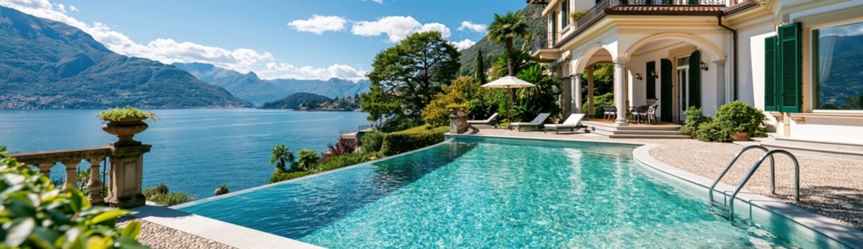 Luxurious italian villa with infinity pool overlooking lake como and picturesque mountain landscape