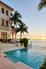 Fototapeta premium Luxury villa exterior with infinity pool overlooking ocean and sunset, tropical miami lifestyle