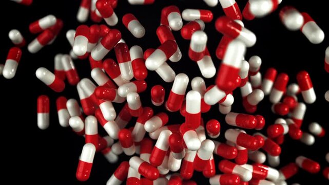 Swirling red and white capsules in void. Intense closeup of falling Filmed on a high-speed camera at 1000 fps.
