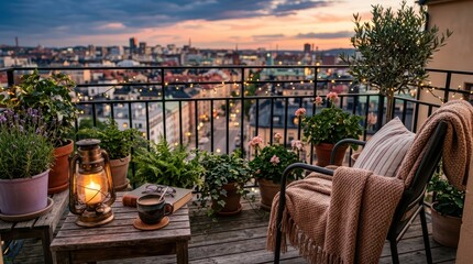 Fototapeta premium Balcony seating with blanket lantern coffee and potted plants overlooking city skyline and sunset from rooftop terrace