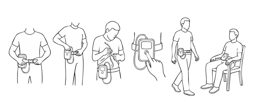 Wearable medical device user guide line art vector infographic showing steps to wear, connect, operate, walk, and sit with a portable health controller unit for patient care instructions.