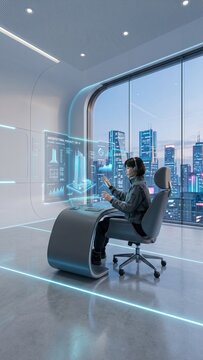 Professional female architect interacting with holographic interface in futuristic office overlooking night city skyline
