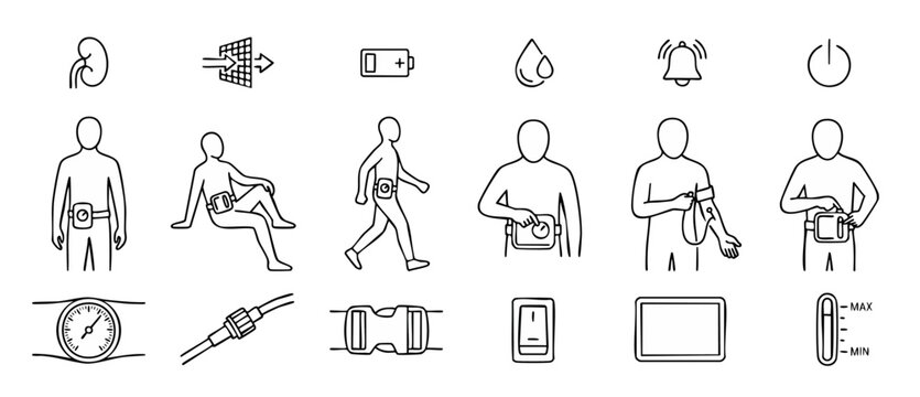 Dialysis medical device line icons set for kidney patient instructions, featuring peritoneal renal treatment steps, wearable health monitor symbols, and healthcare vector clip art on white background