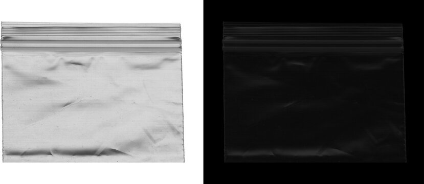Transparent plastic zipper bag mockup, empty polyethylene zip lock pouch on white and black backgrounds, clear poly storage bag for product packaging