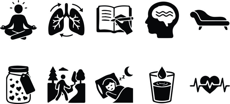 Mental Health Wellness Self Care Meditation Sleep Breathing Icon Set Black Vector Illustration