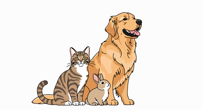 Illustration of a golden retriever dog, a tabby cat, and a rabbit sitting together on a white background.