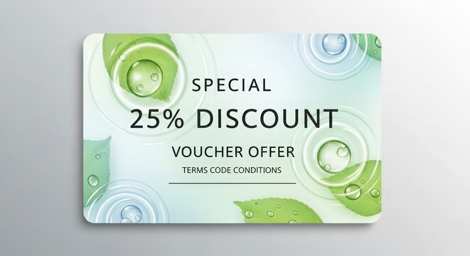 Special 25 percent discount voucher offer with green leaves and water droplets on a light blue background